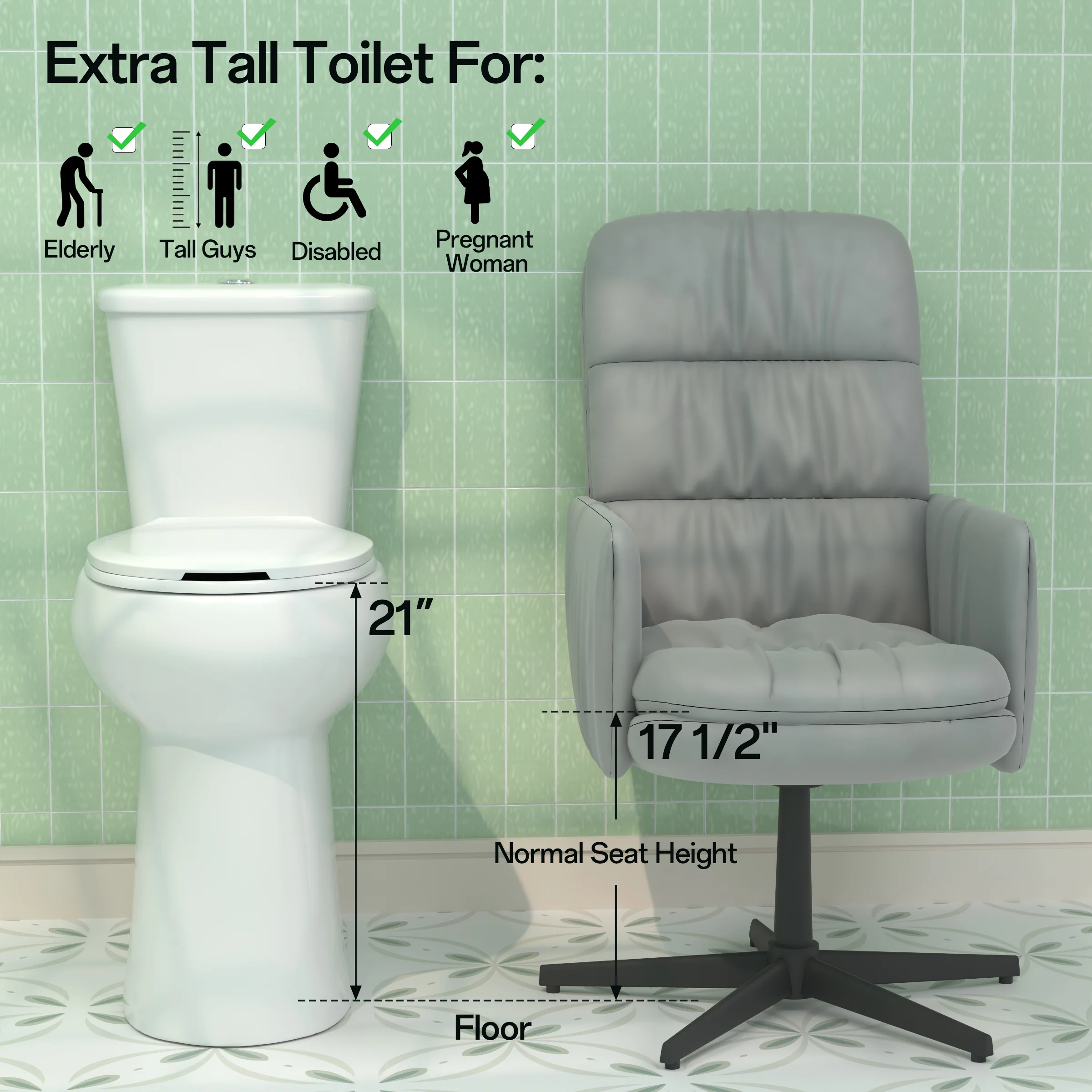 ELEMAZ 21" Extra Tall Toilet for Seniors & Tall Adults | Dual Flush MAP 1000g - Image 9