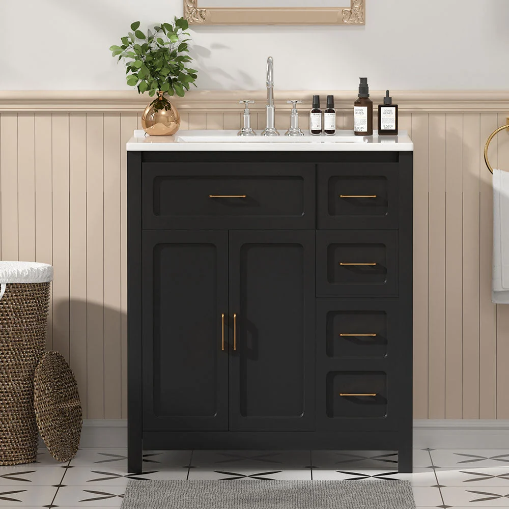 Sigsoul 30 Inch Bathroom Vanity | Black Freestanding Cabinet with Sharp Corner Ceramic Sink