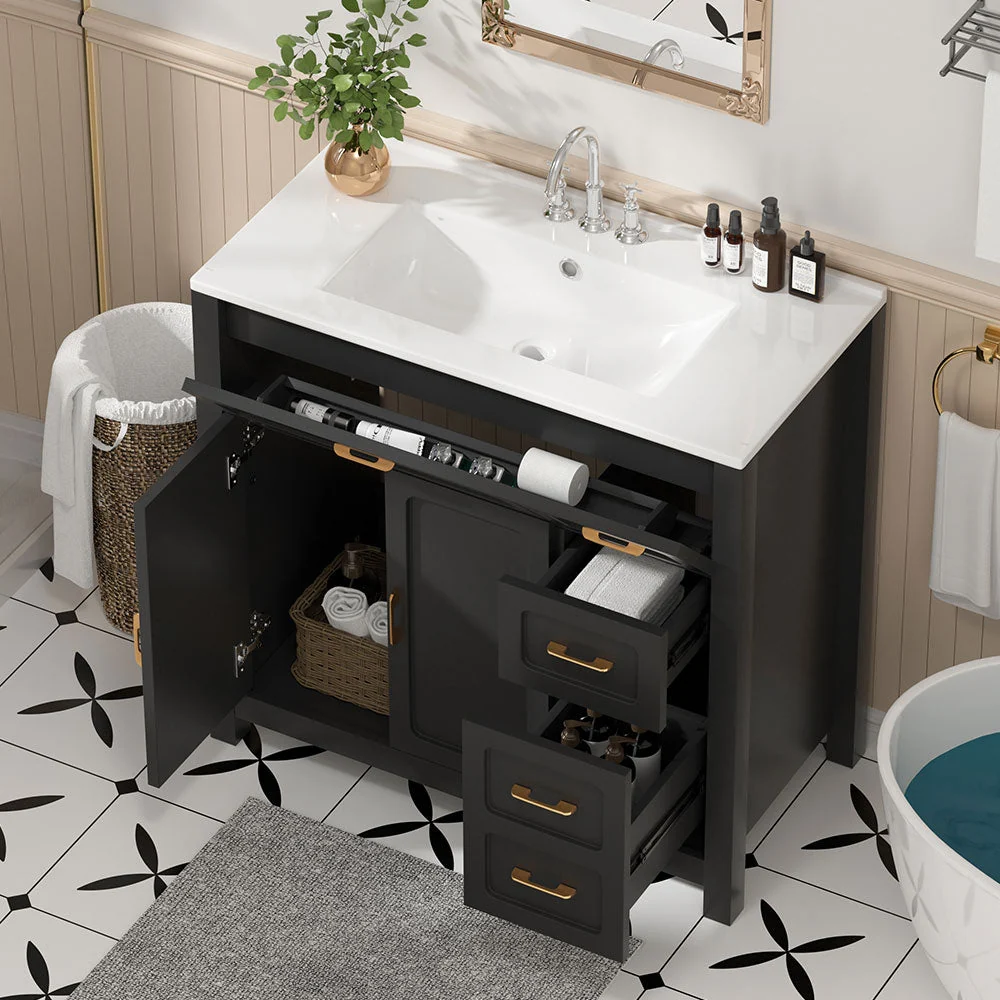 Sigsoul 30 Inch Bathroom Vanity | Black Freestanding Cabinet with Sharp Corner Ceramic Sink - Image 2