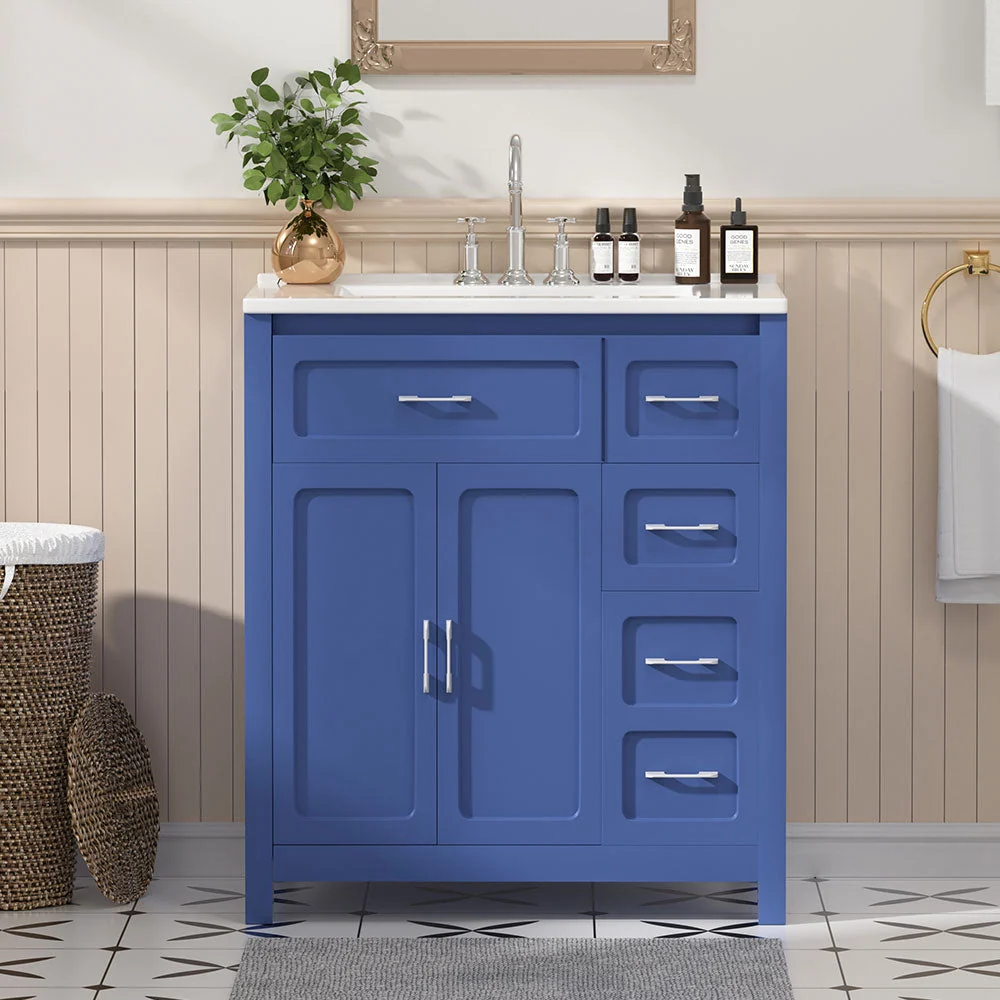 Sigsoul 30 Inch Bathroom Vanity | Blue Freestanding Cabinet with Sharp Corner Ceramic Sink