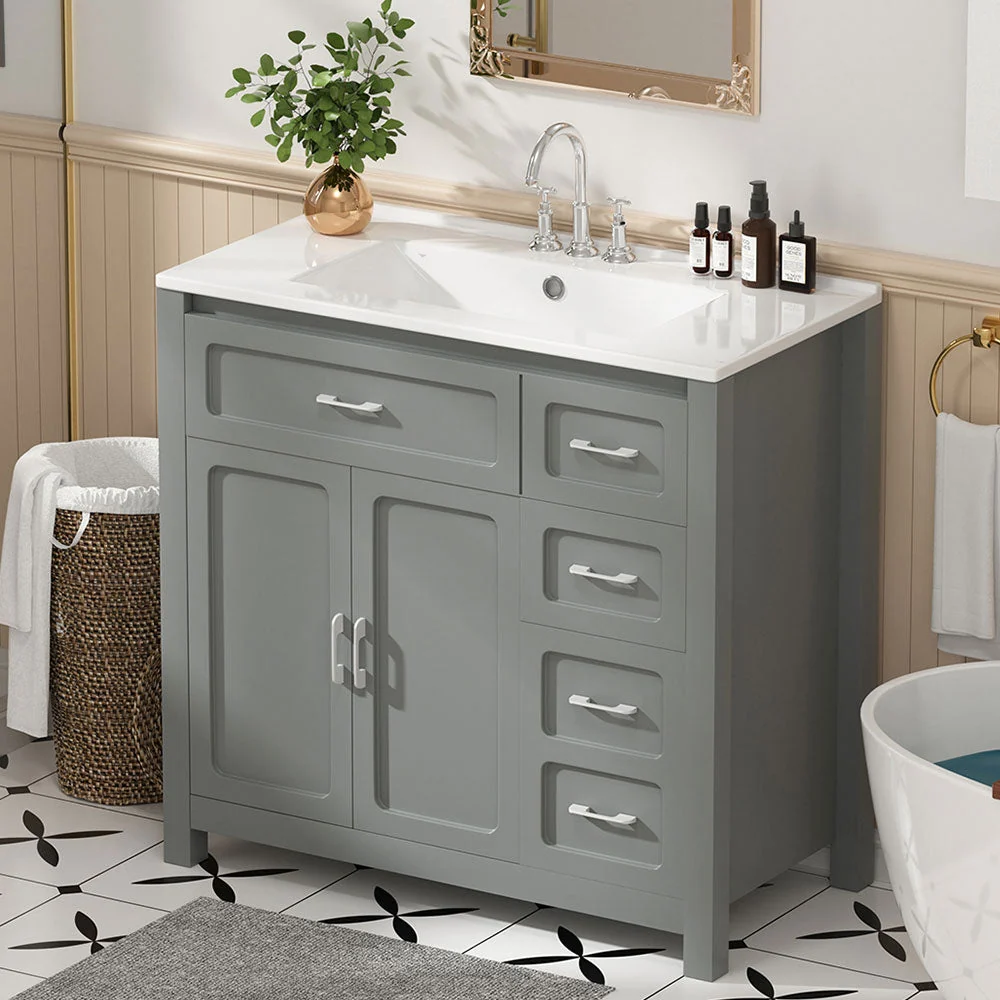 Sigsoul 30 Inch Bathroom Vanity | Gray Freestanding Cabinet with Sharp Corner Ceramic Sink - Image 2