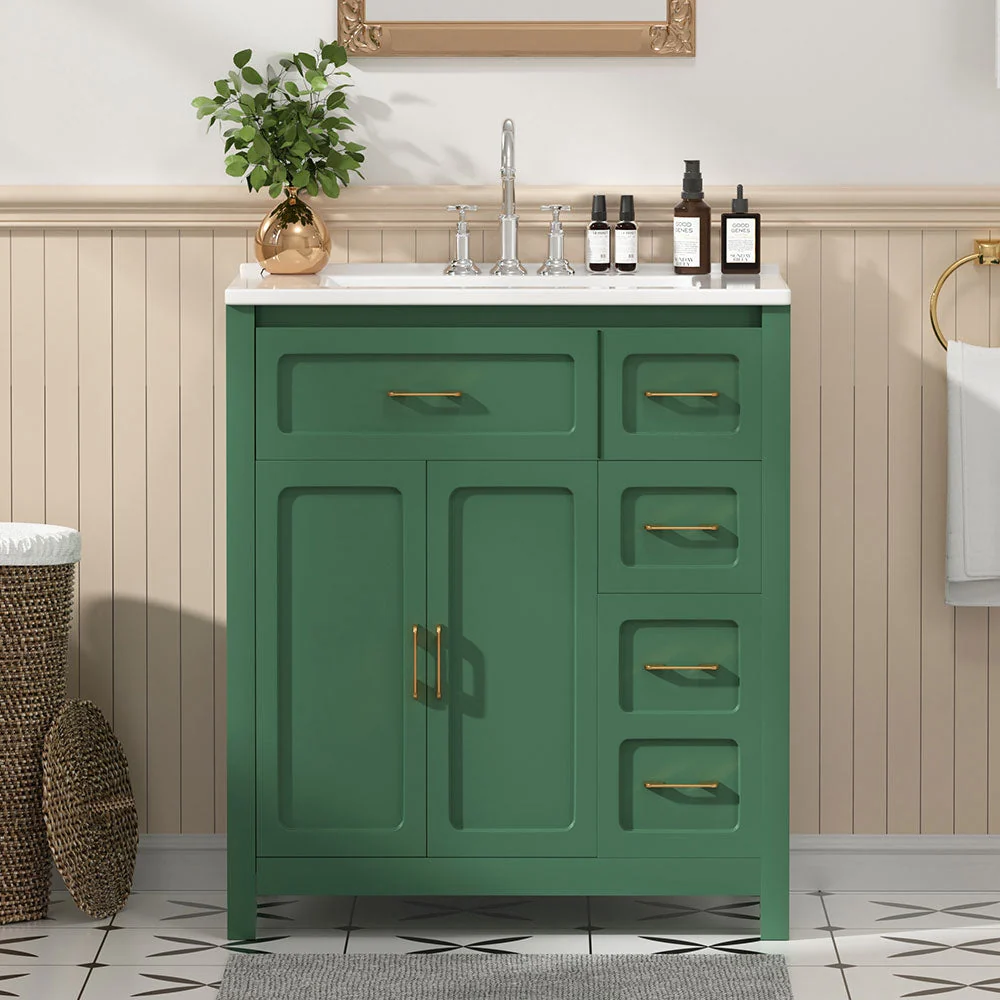 Sigsoul 30 Inch Bathroom Vanity | Green Freestanding Cabinet with Sharp Corner Ceramic Sink