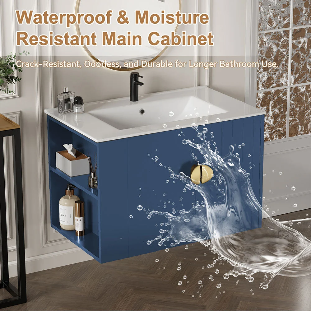 Sigsoul 30 Inch Floating Bathroom Vanity | 3-Hole Sink & Blue Left-Side Open Shelving - Image 4
