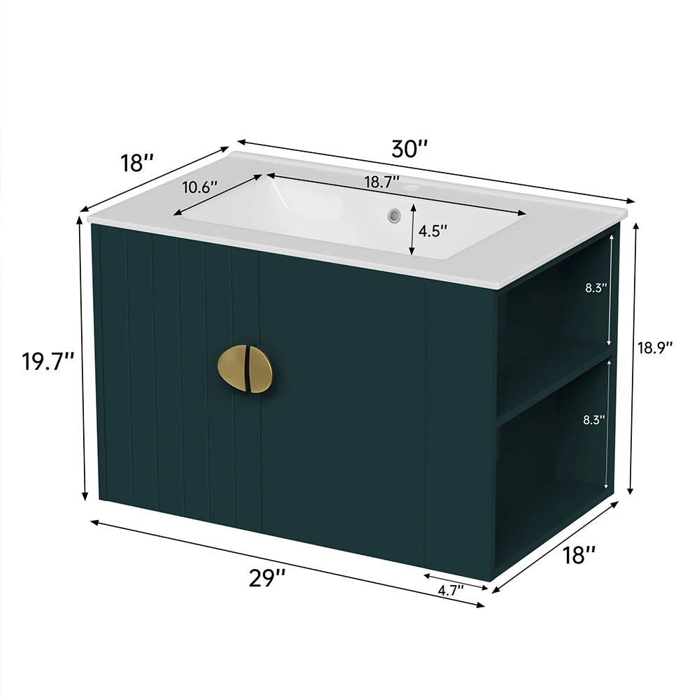 Sigsoul 30 Inch Floating Bathroom Vanity | 3-Hole Sink & Green Right-Side Open Shelving - Image 5