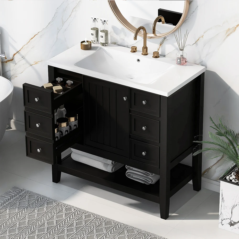 Sigsoul 36 Inch Bathroom Vanity Black | 3 Drawers 1 Door 1 Shelf - Image 10