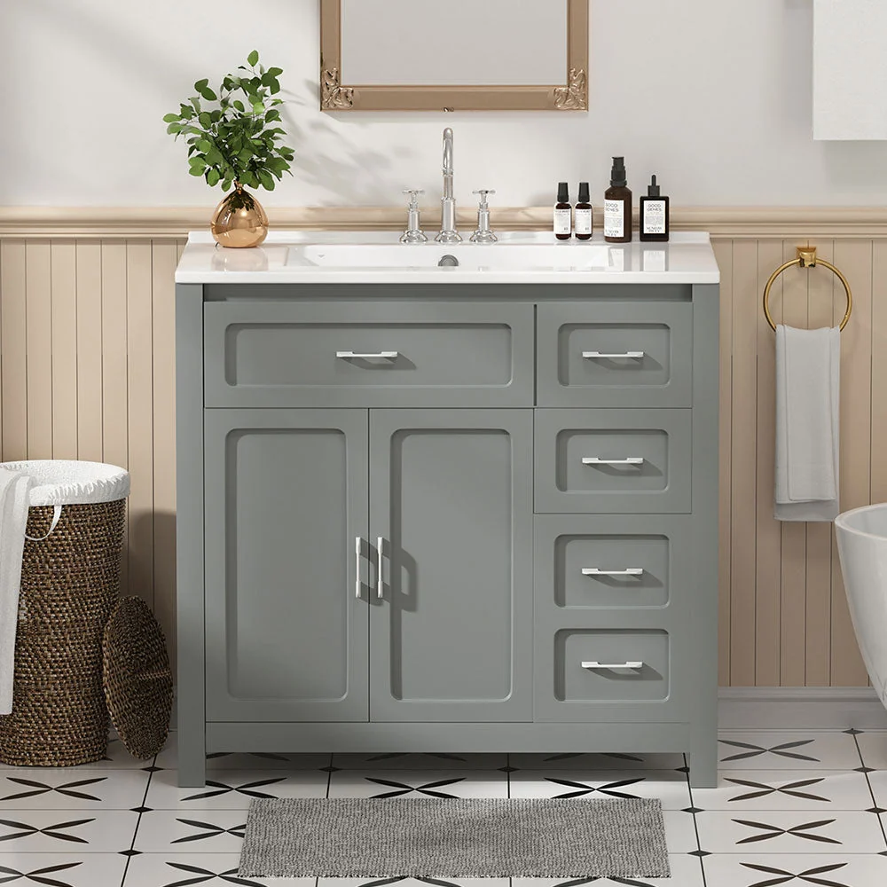 Sigsoul 36 Inch Bathroom Vanity | Gray Freestanding Cabinet with Ceramic Sink - Image 3