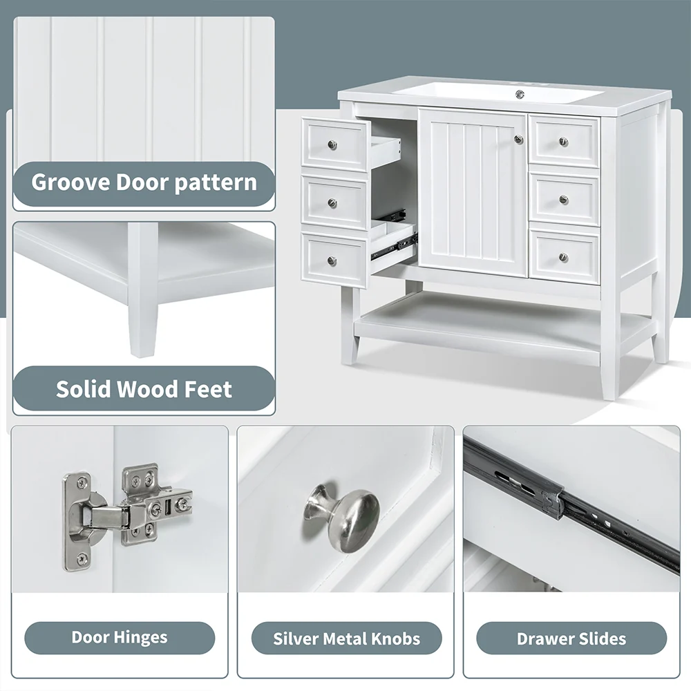 Sigsoul 36 Inch Bathroom Vanity White | 3 Drawers 1 Door 1 Shelf - Image 12