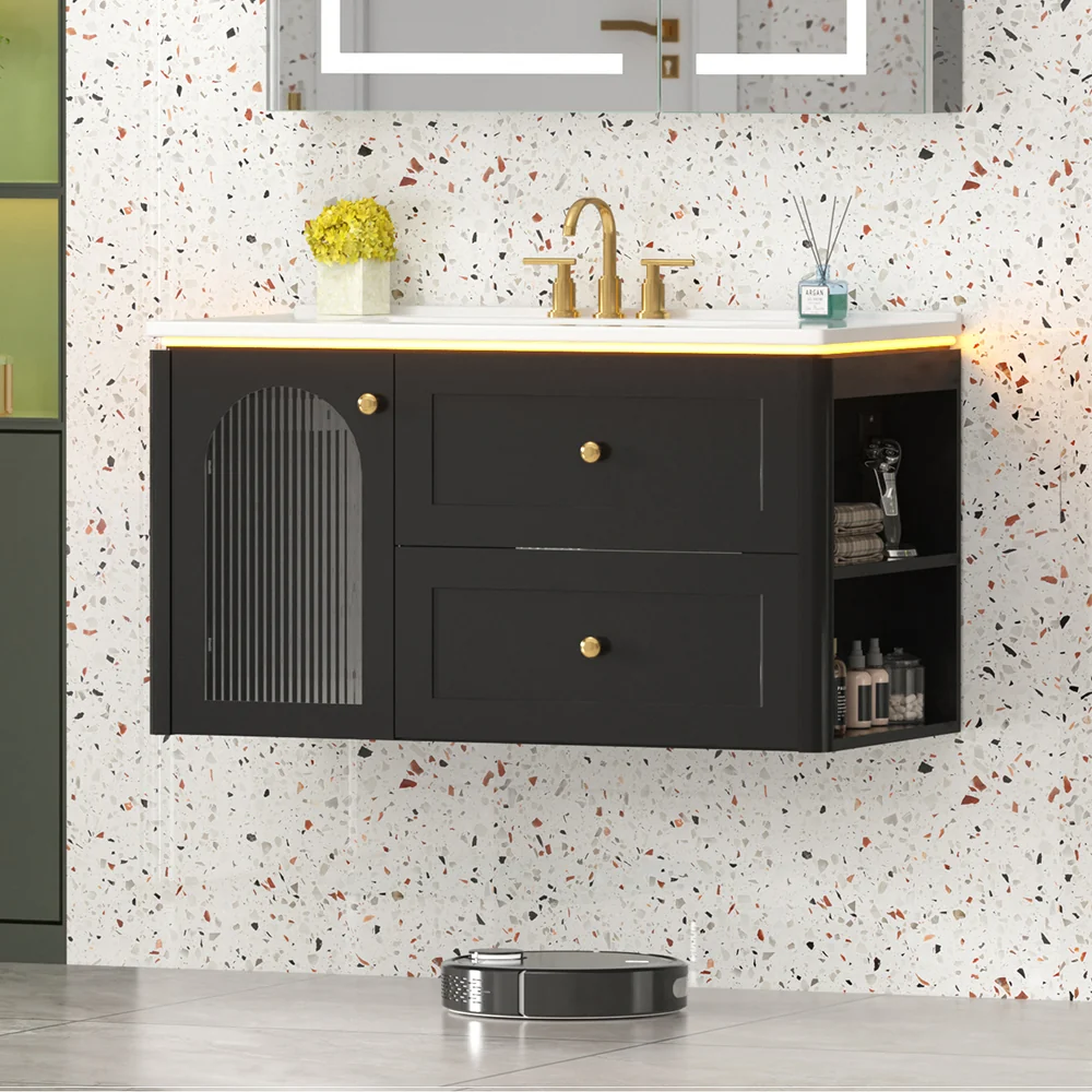 Sigsoul 36 Inch Floating Vanity Black | LED Light & 1 Door 2 Drawers 2 Open Side Shelves - Image 3