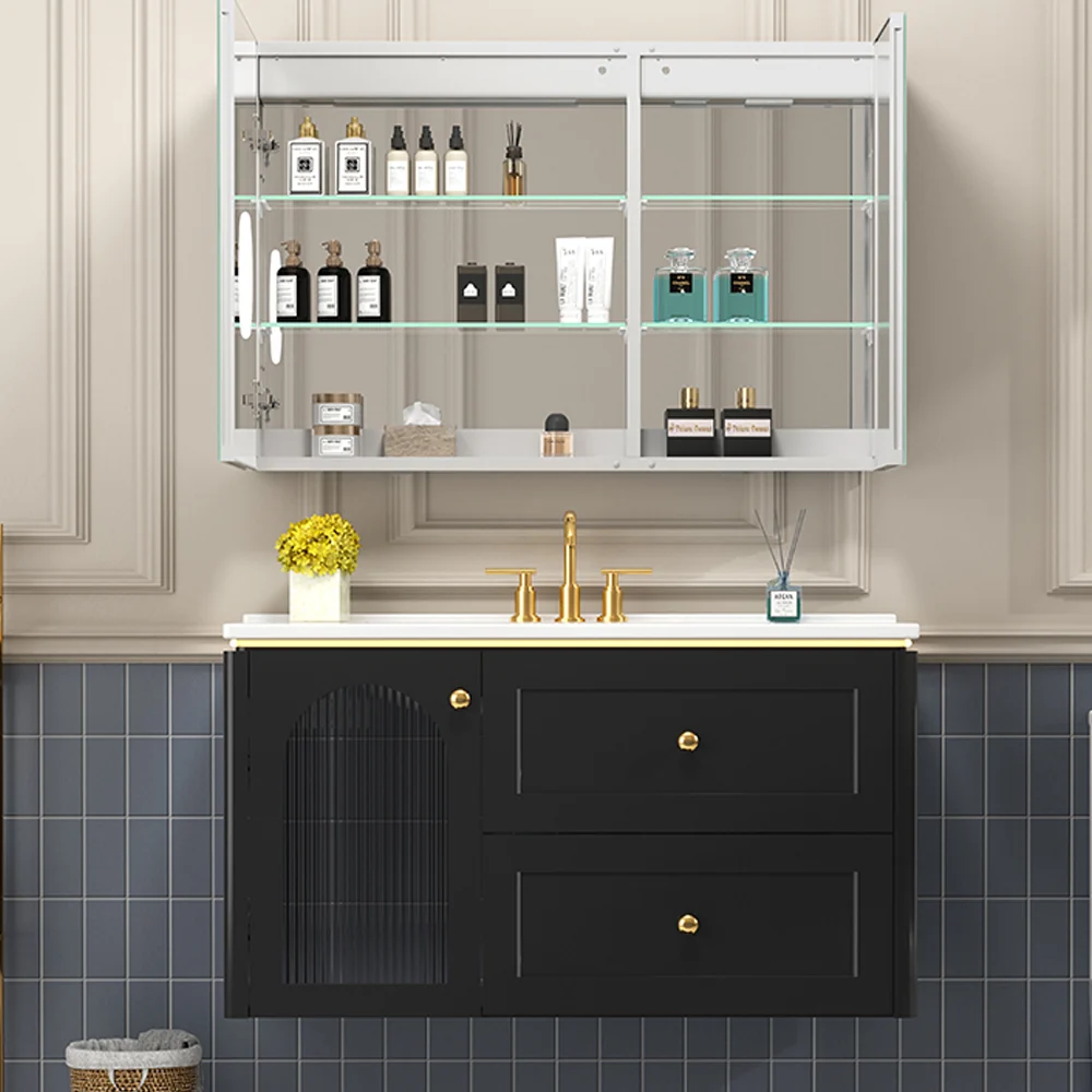 Sigsoul 36 Inch Floating Vanity Black | LED Light & 1 Door 2 Drawers 2 Open Side Shelves - Image 7