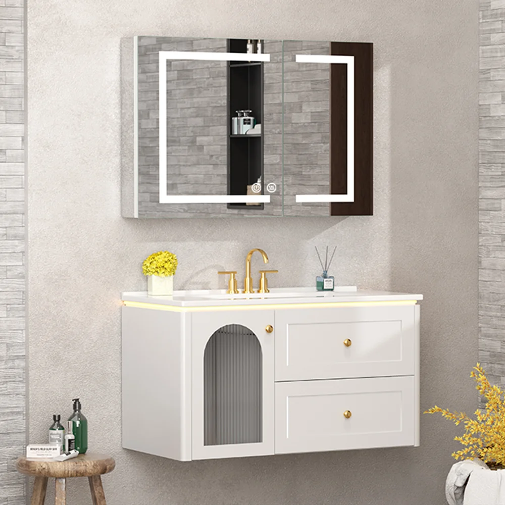 Sigsoul 36 Inch Floating Vanity White | LED Light & 1 Door 2 Drawers 2 Open Side Shelves - Image 6