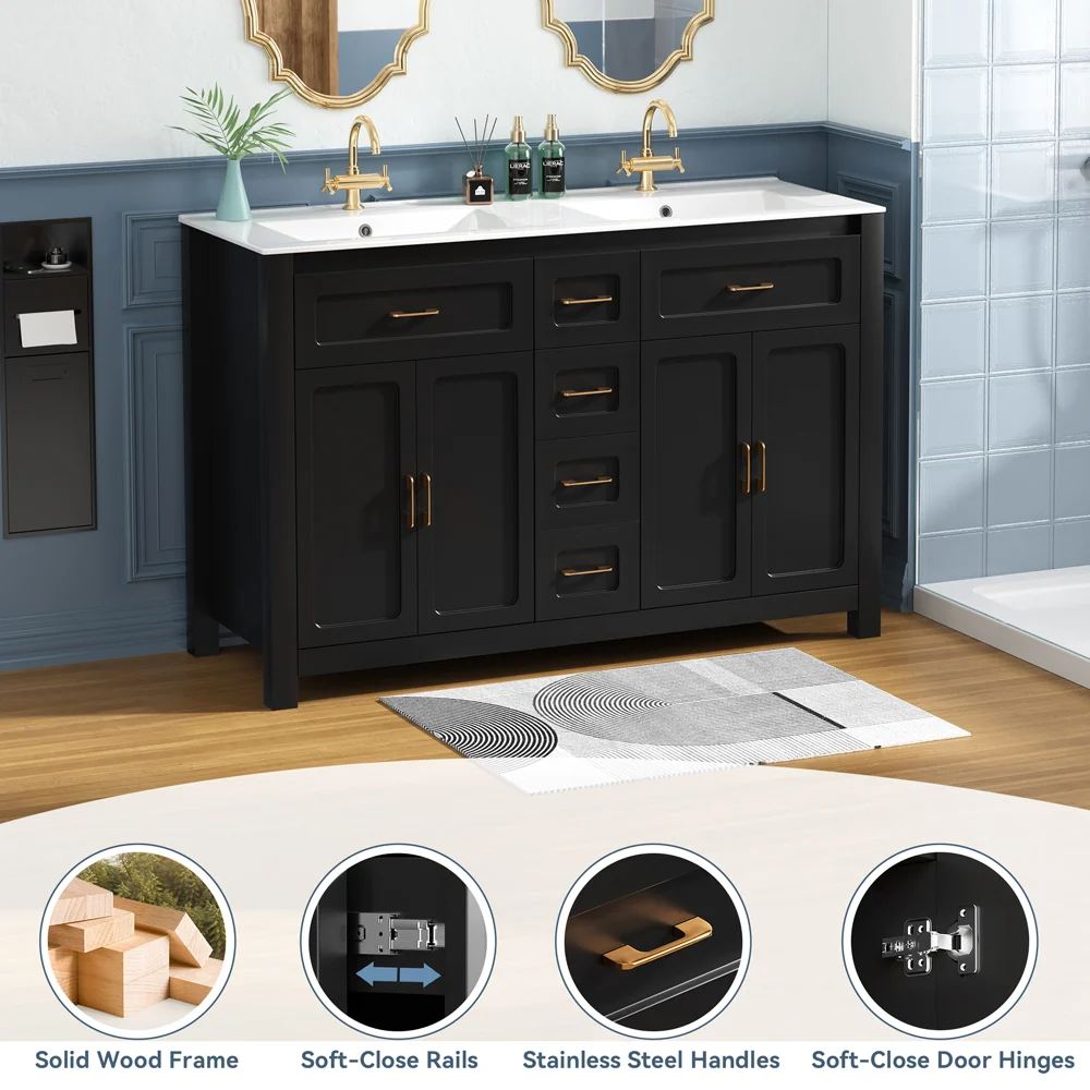 Sigsoul 48 Inch Double Sink Vanity Black | 2 Tip-out Trays 2 Drawers 4 Doors - Image 3