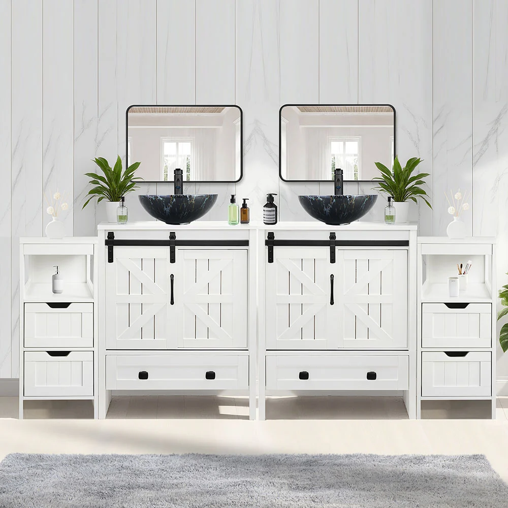 Sigsyl 72 Inch Double Vessel Sink Vanity | with 2 Side Floor Cabinets & Faucets - Image 17