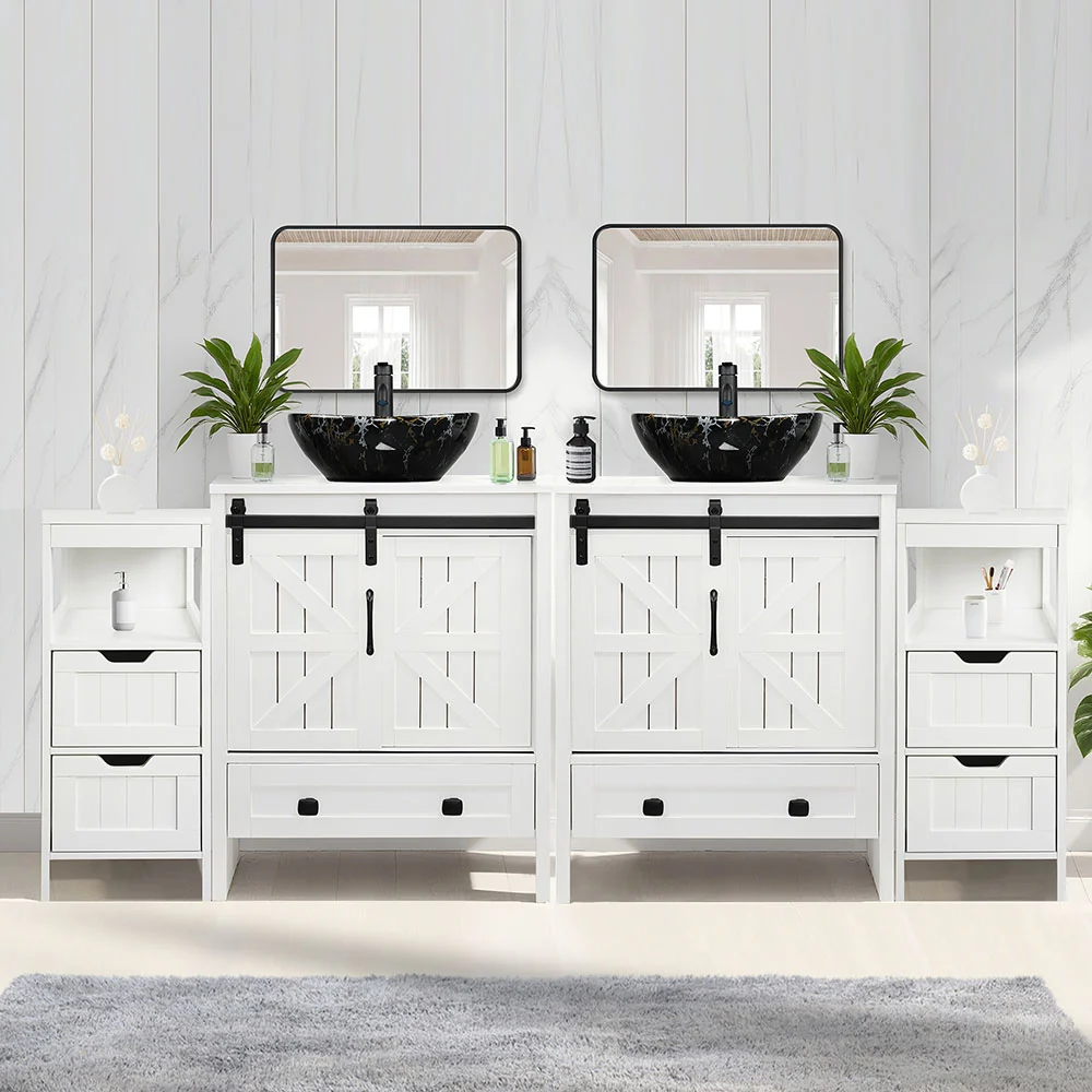 Sigsyl 72 Inch Double Vessel Sink Vanity | with 2 Side Floor Cabinets & Faucets - Image 7