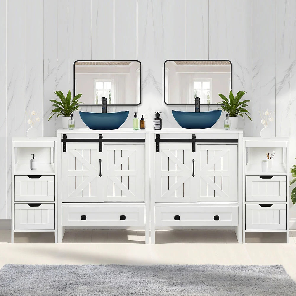 Sigsyl 72 Inch Double Vessel Sink Vanity | with 2 Side Floor Cabinets & Faucets - Image 9