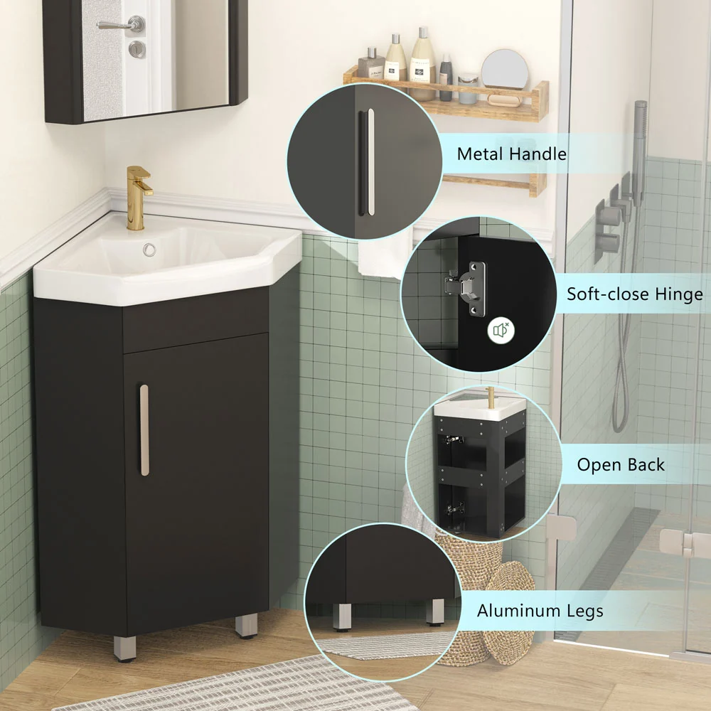Sigsoul 17 Inch Black Corner Bathroom Vanity with Sink - Image 4