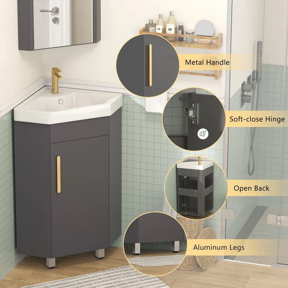 Sigsoul 17 Inch Gray Corner Bathroom Vanity with Sink - Image 5