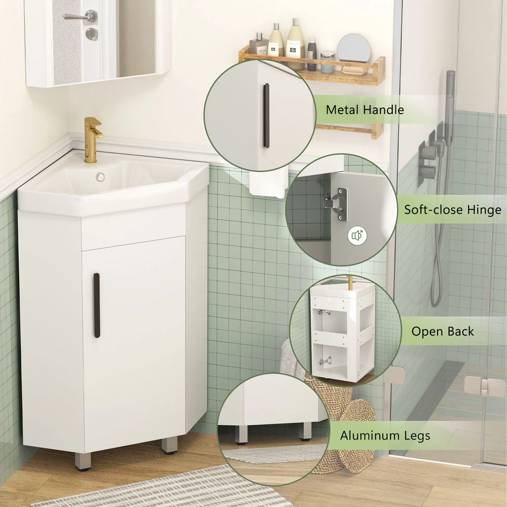Sigsoul 17 Inch White Corner Bathroom Vanity with Sink - Image 4