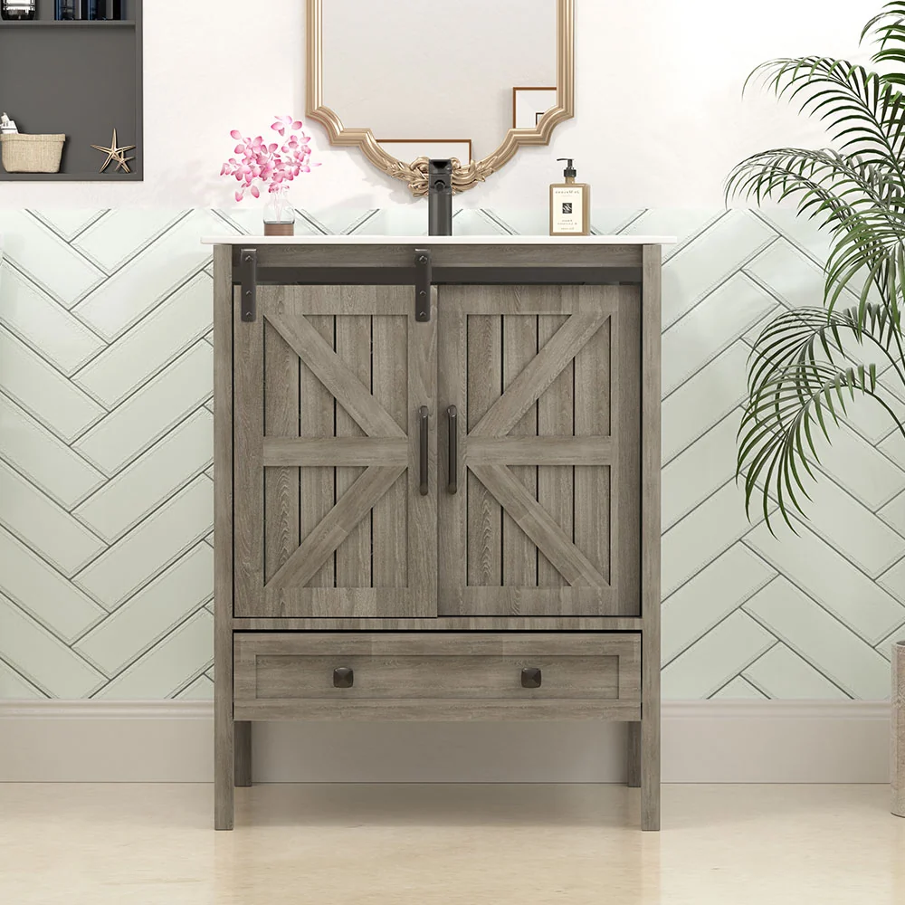 Sigsoul 24 Inch Farmhouse Bathroom Vanity Wood | Barn Door Single Hole Sink - Image 4
