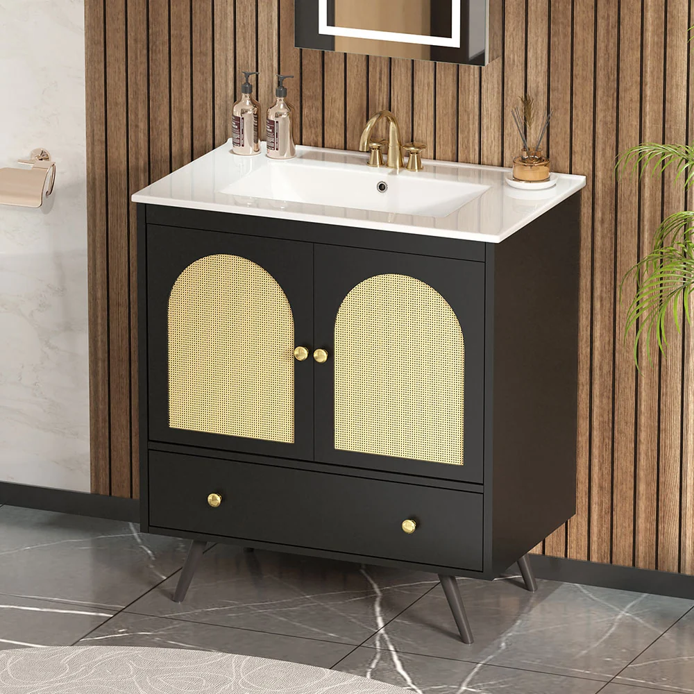 Sigsoul 30 Inch Rattan Bathroom Vanity | Black - Image 6