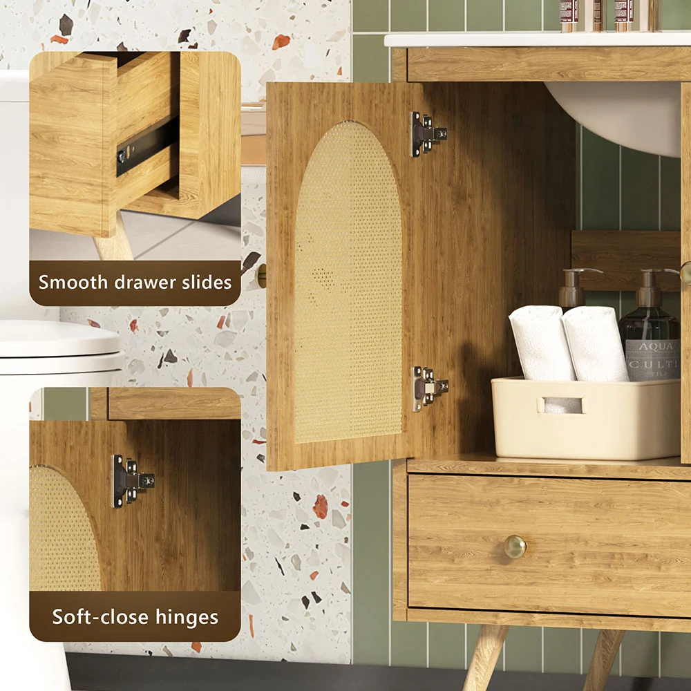 Sigsoul 30 Inch Rattan Bathroom Vanity | Oak - Image 4