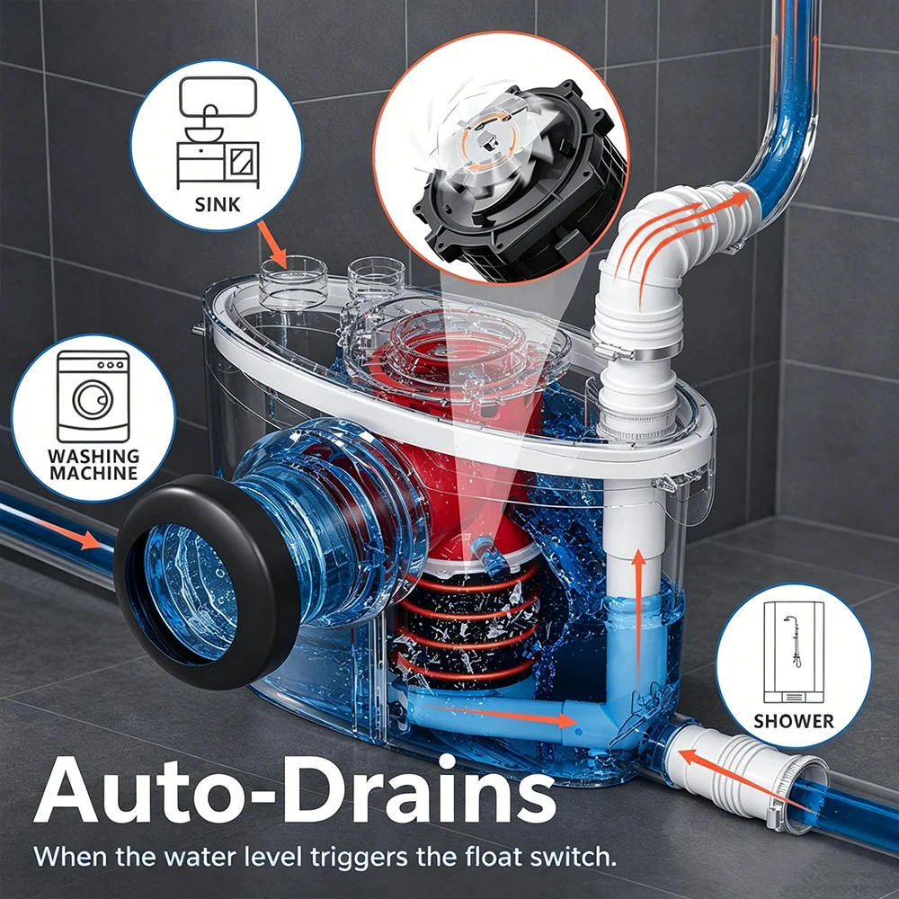 SNFLEX Basement Macerating Toilet System | 4-Inlet Upflush Toilet for Full Bathroom - Image 5